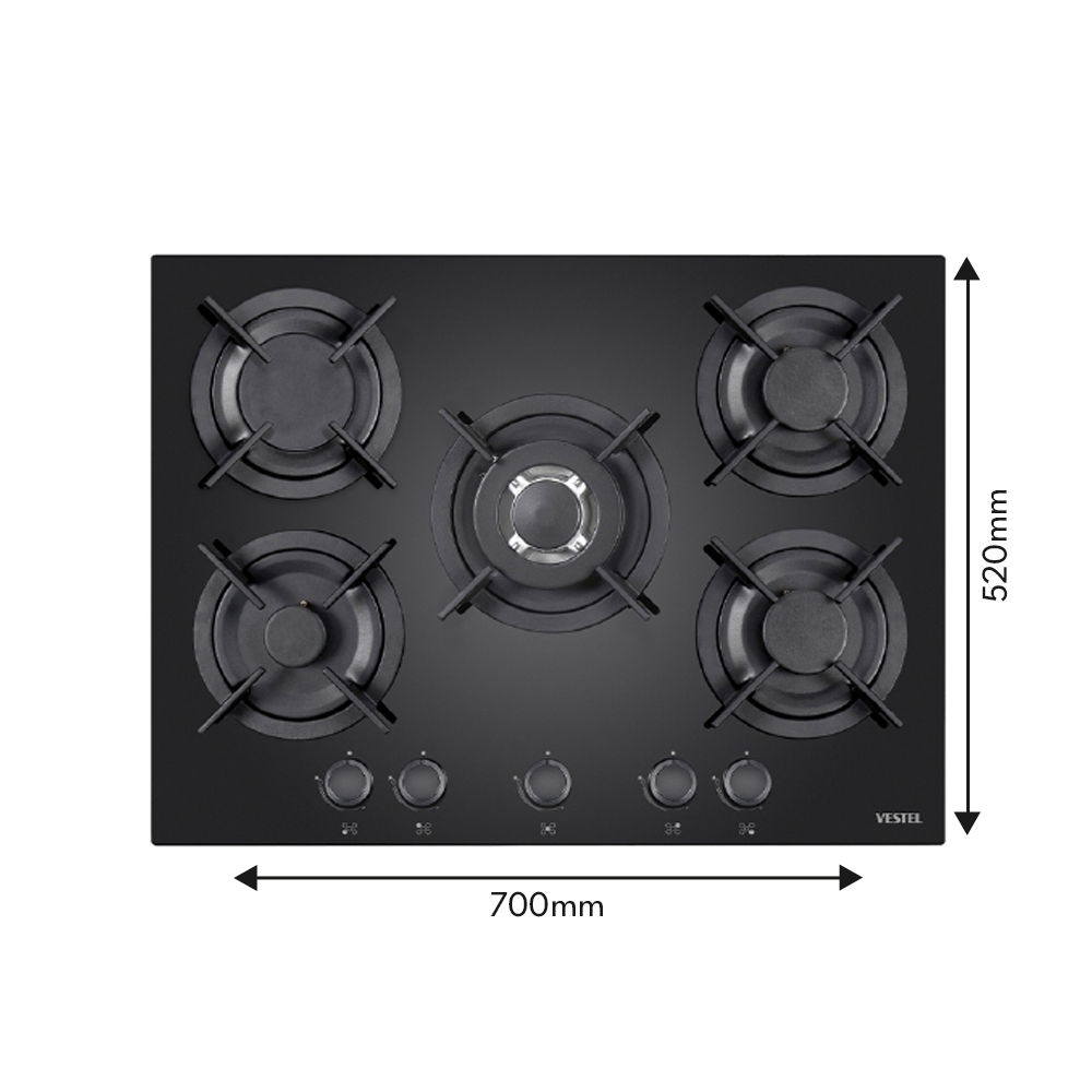 5 Burner Black Glass Gas Hob