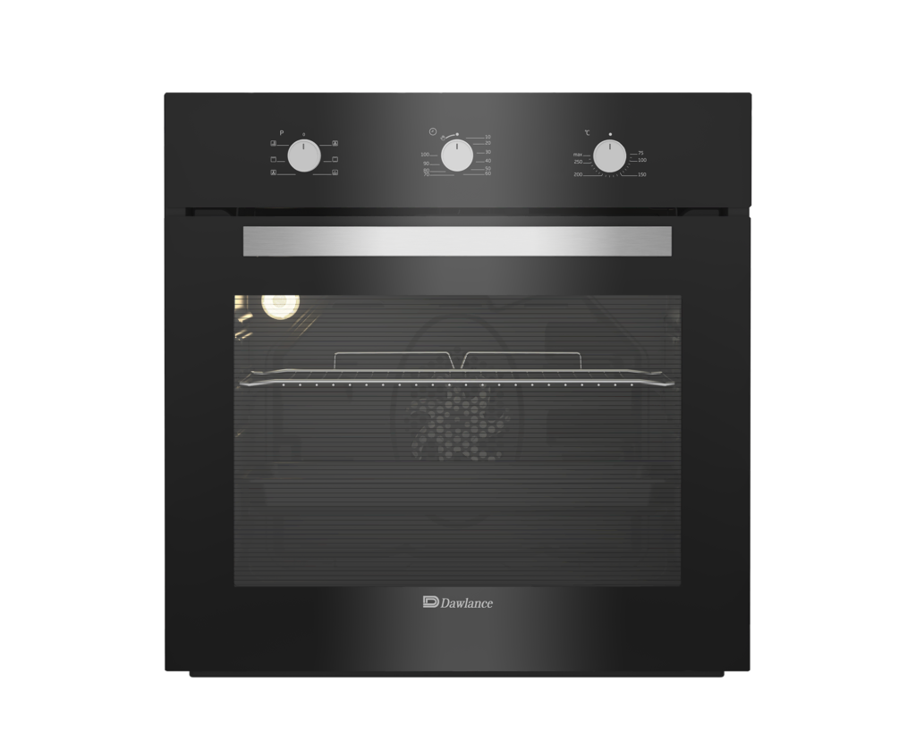 Dawlance built-in best oven for baking at home in Pakistan with three-knob controls and black glass door
