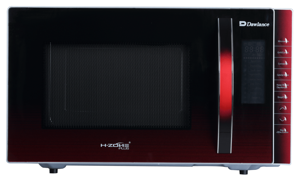 Dawlance H-Zone Plus red convection microwave oven with calorie meter and deodorizer — top microwave oven in Pakistan for health-conscious households